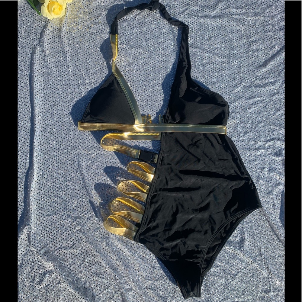 Black and Gold Buckled Strappy  One Piece - Picture 3 of 8